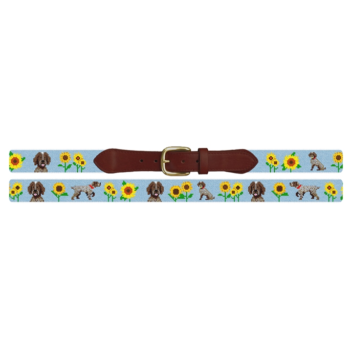 Pointer In The Sunflowers Needlepoint Belt