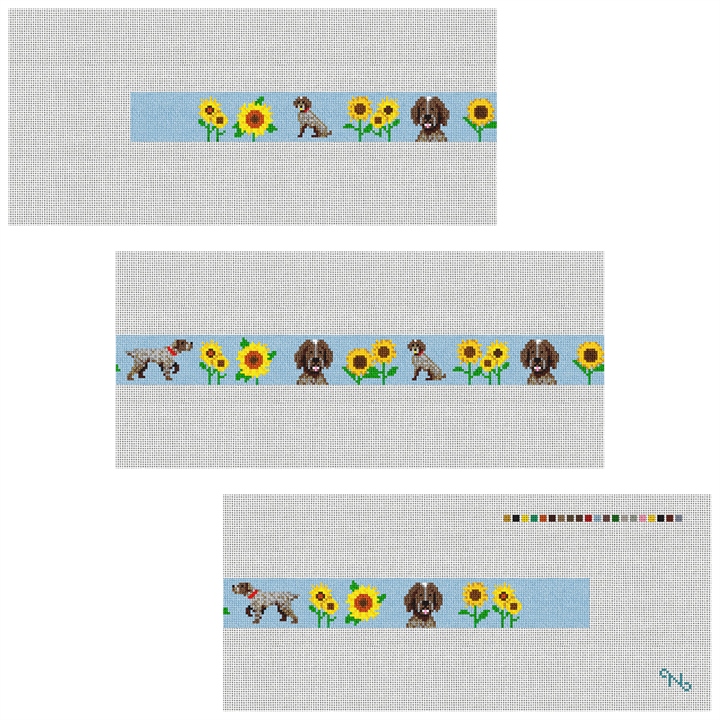 Pointer In The Sunflowers Needlepoint Belt Kit Stitched Preview