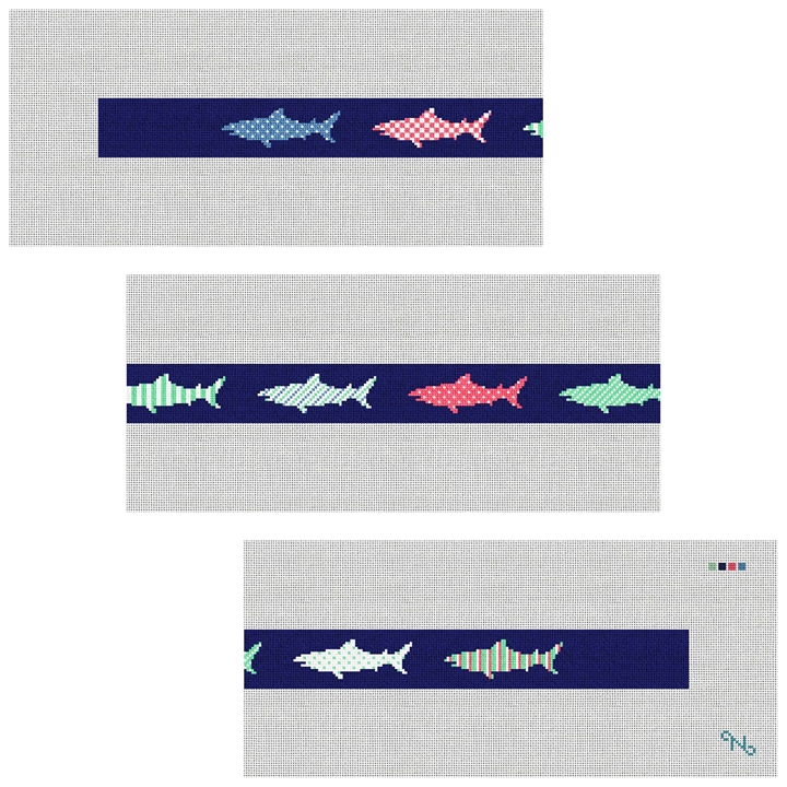 Preppy Great White Shark Needlepoint Belt Kit Stitched Preview