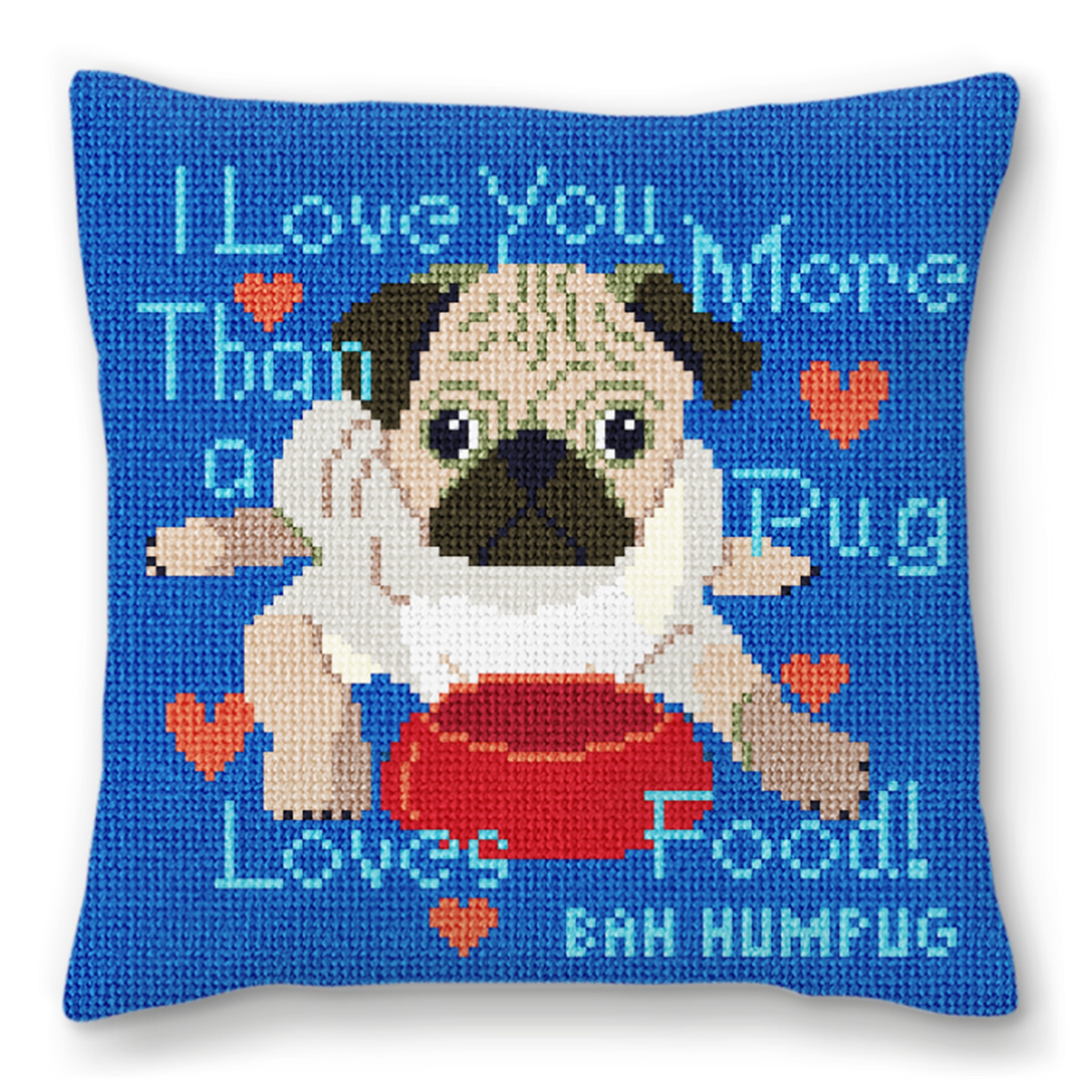 Pug Loves Food Needlepoint Pillow