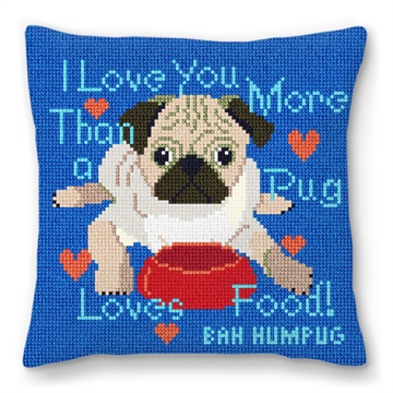 Pug Loves Food Needlepoint Pillow