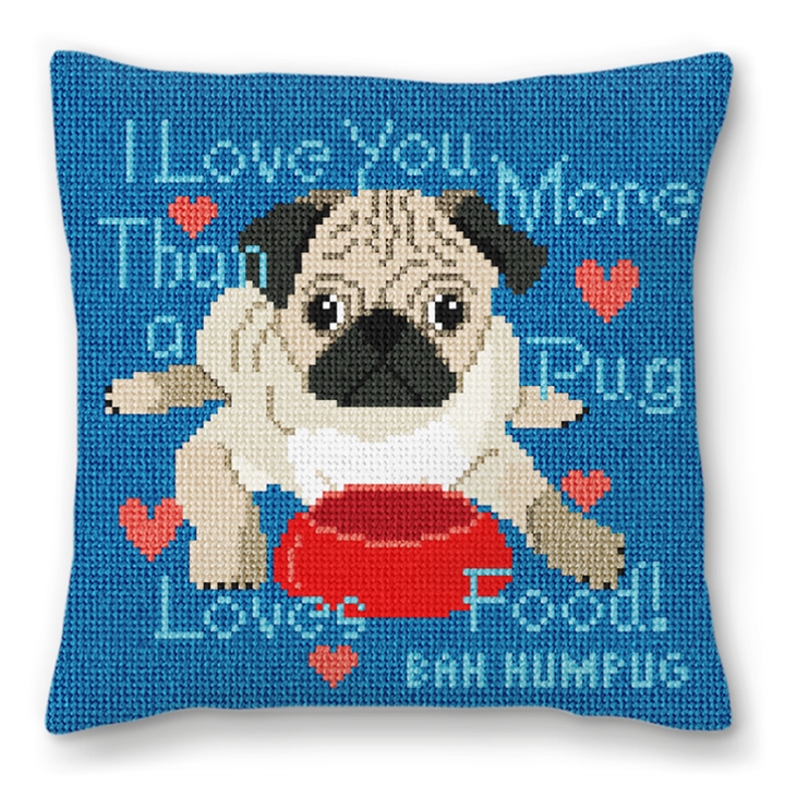 Pug Loves Food Needlepoint Pillow 