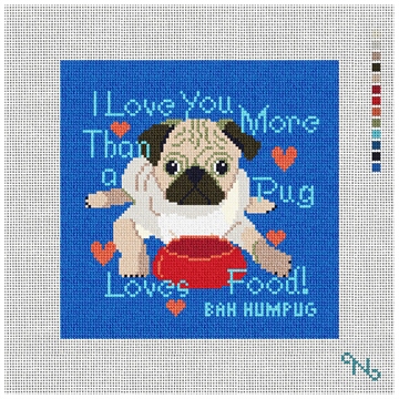 Pug Loves Food Needlepoint Pillow Kit Stitched Preview