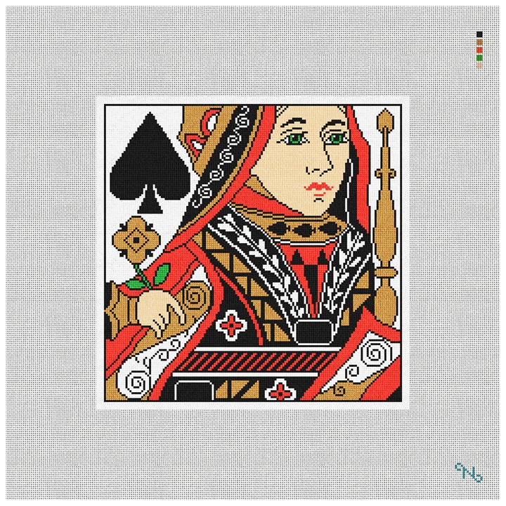 Queen of Spades Needlepoint Pillow Kit Stitched Preview