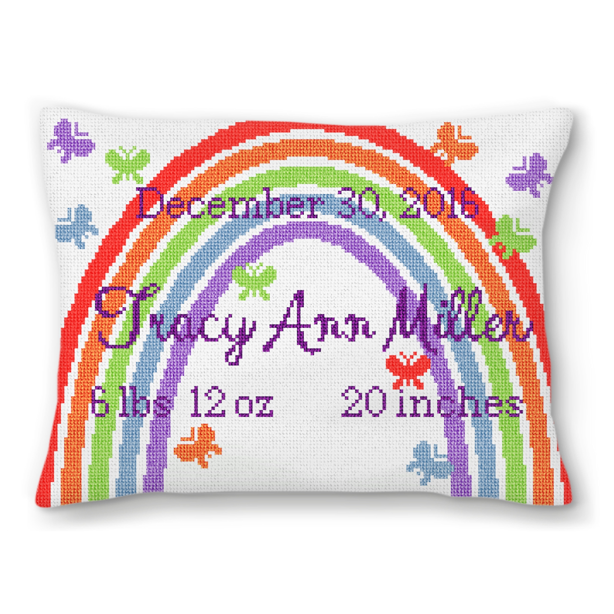 Rainbow Birth Announcement Needlepoint Pillow
