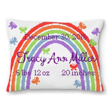 Rainbow Birth Announcement Needlepoint Pillow