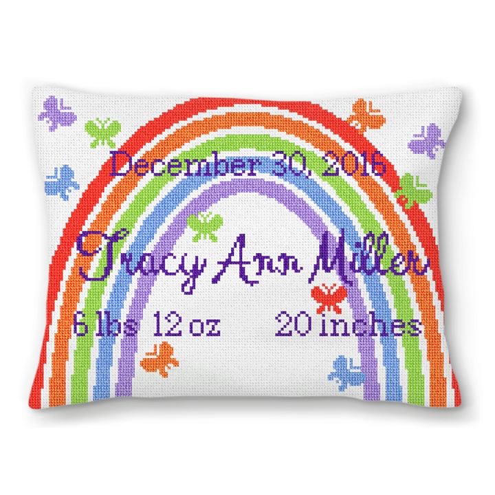 Rainbow Birth Announcement Needlepoint Pillow