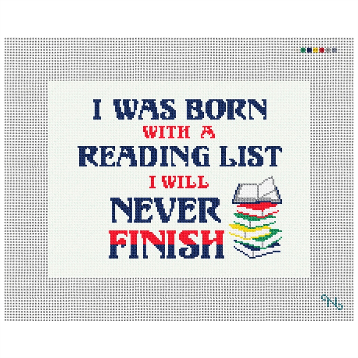 Reading List Needlepoint Pillow Kit Stitched Preview