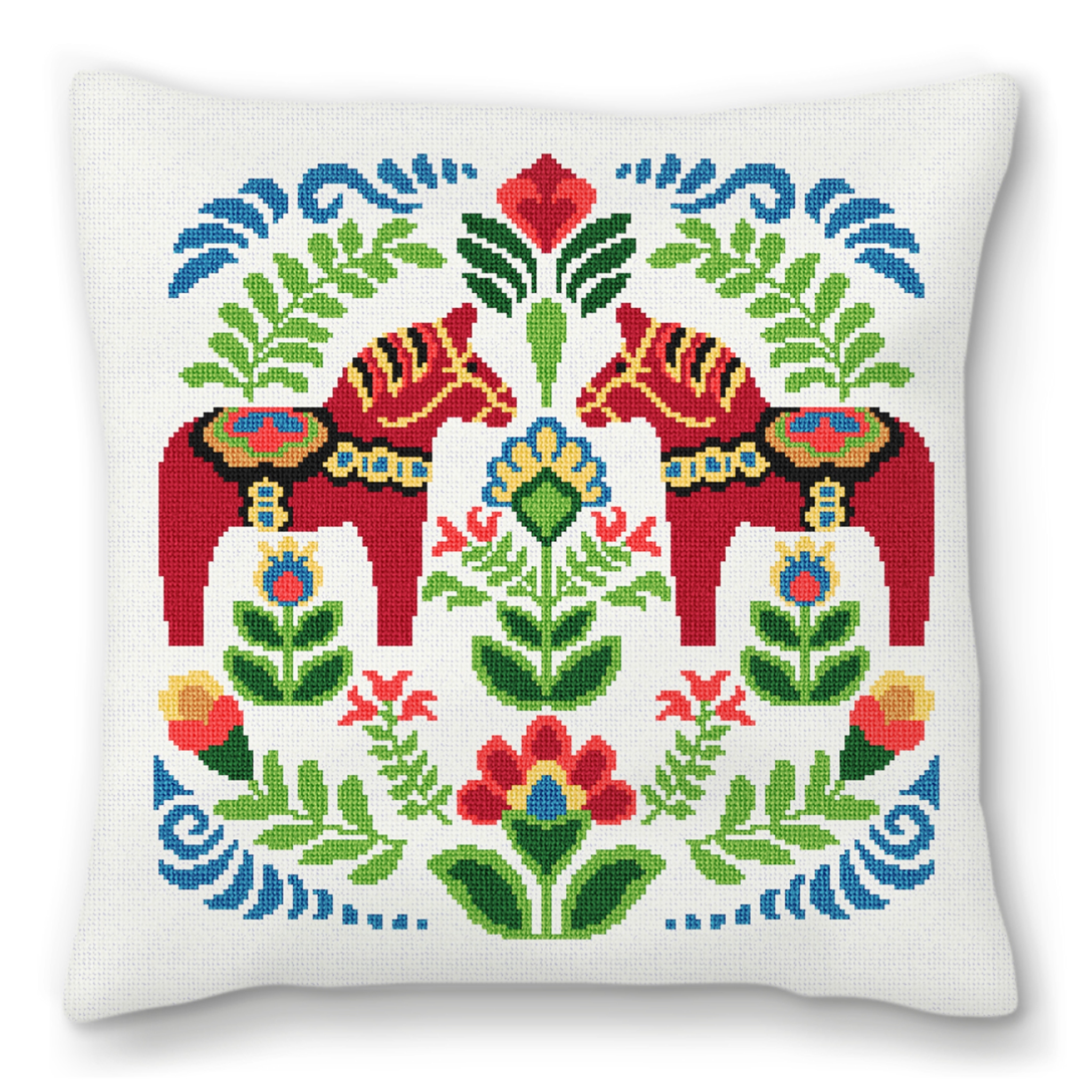 Red Dala Horses Needlepoint Pillow