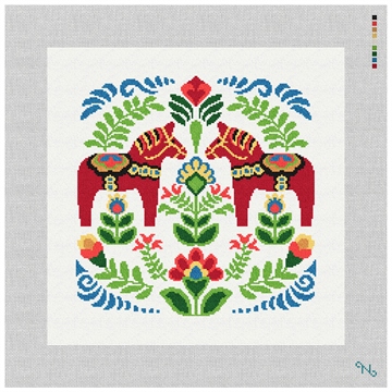 Red Dala Horses Needlepoint Pillow Kit Stitched Preview
