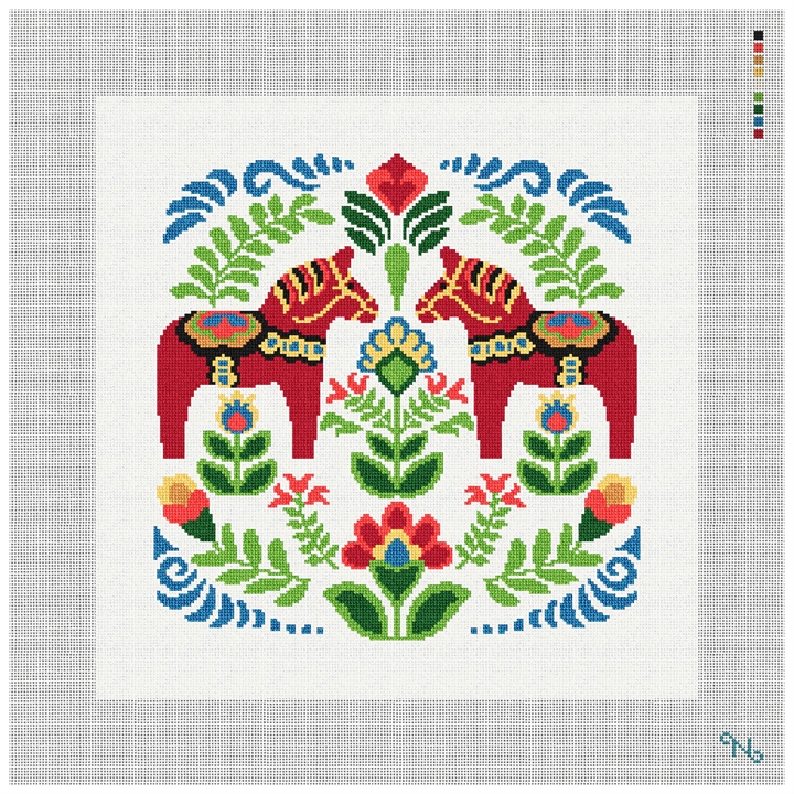 Red Dala Horses Needlepoint Pillow Kit Stitched Preview