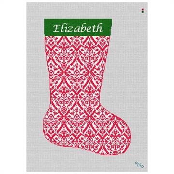 Red Damask Needlepoint Stocking Kit Stitched Preview