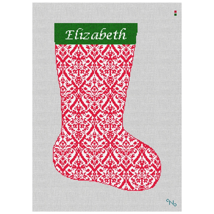 Red Damask Needlepoint Stocking Kit Stitched Preview