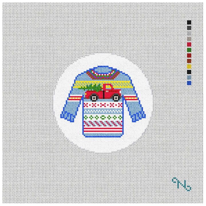 Red Truck Ugly Sweater Needlepoint Ornament Kit Stitched Preview