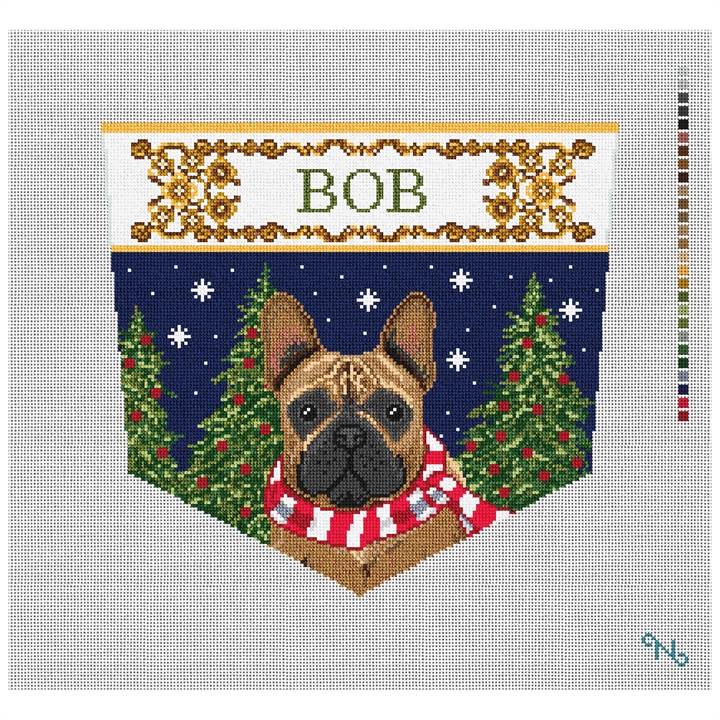 Regal Frenchie Stocking Cuff Needlepoint Kit Stitched Preview