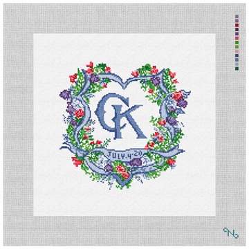 Ribbon Crest Wedding Needlepoint Pillow Kit Stitched Preview