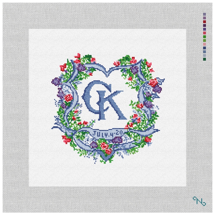 Ribbon Crest Wedding Needlepoint Pillow Kit Stitched Preview