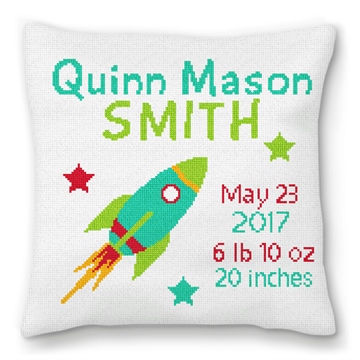 Rocket Birth Announcement Needlepoint Pillow