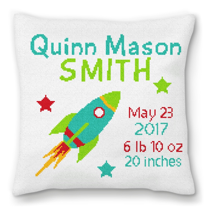 Rocket Birth Announcement Needlepoint Pillow