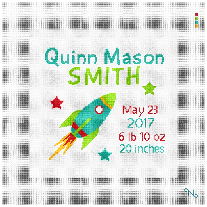 Rocket Needlepoint Pillow Kit Stitched Preview