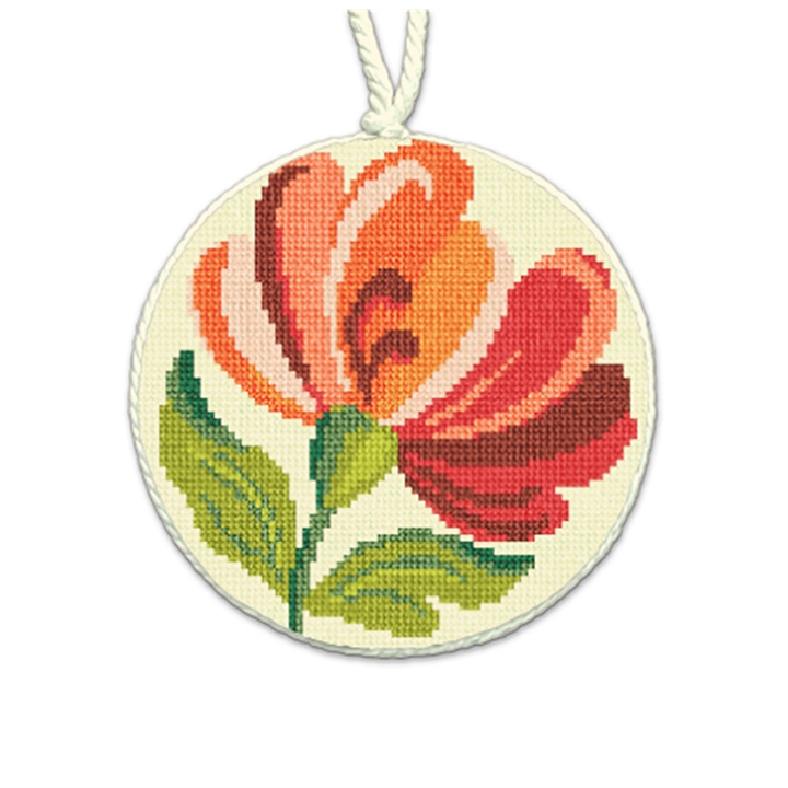 Rosemaling Pink Rose Needlepoint Ornament