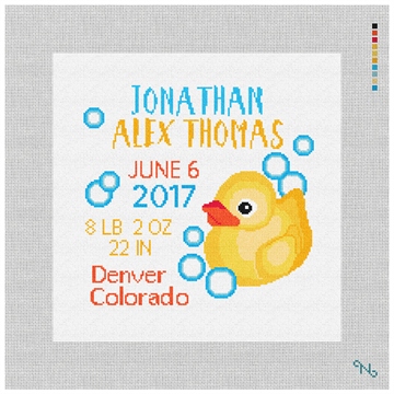 Rubber Duck Birth Announcement Needlepoint Kit Stitched Preview