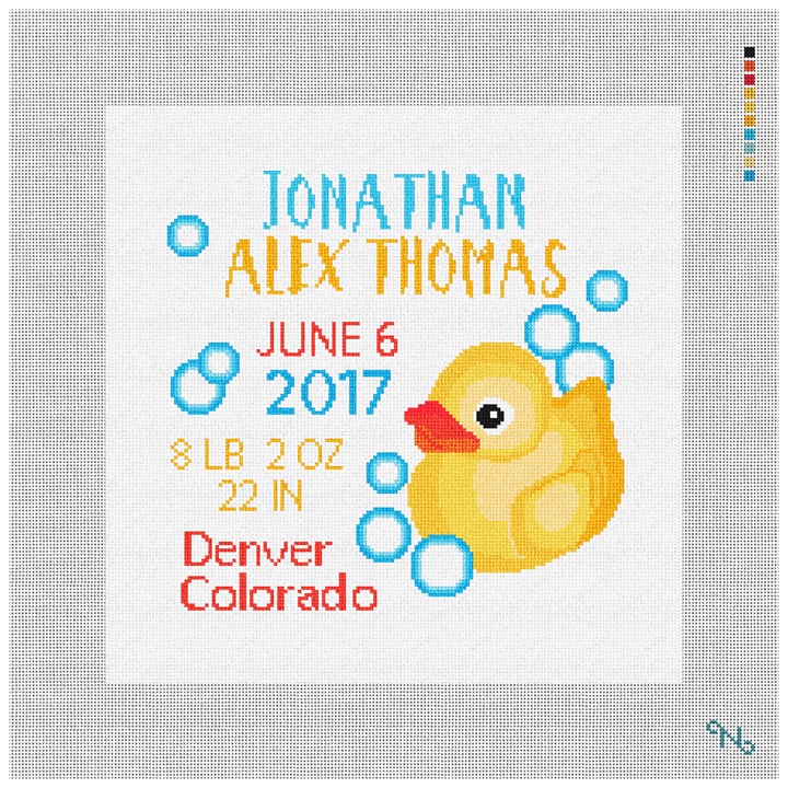 Rubber Duck Birth Announcement Needlepoint Kit Stitched Preview
