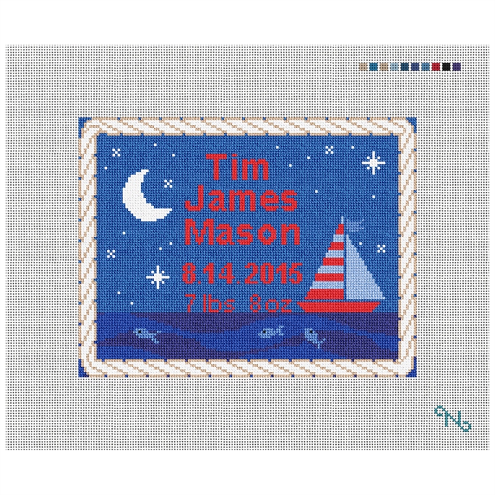 Sailing Boys Birth Announcement Needlepoint Kit Stitched Preview