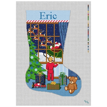 Santa Sighting Blue Stocking Needlepoint Kit Stitched Preview