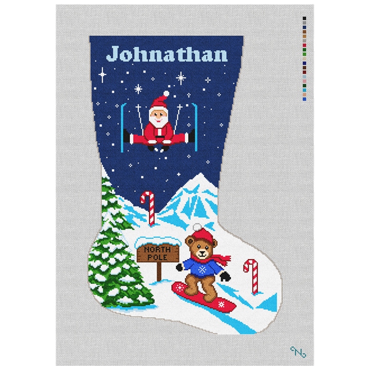 Santa's Ski Vacation Stocking Needlepoint Kit Stitched Preview