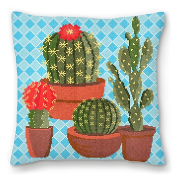 Southwestern Blue Cactus Needlepoint Pillow
