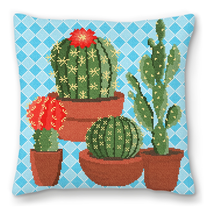 Southwestern Blue Cactus Needlepoint Pillow