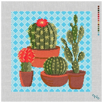 Southwestern Blue Cactus Needlepoint Pillow Kit Stitched Preview