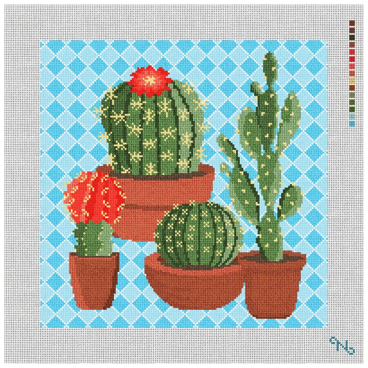 Southwestern Blue Cactus Needlepoint Pillow Kit Stitched Preview