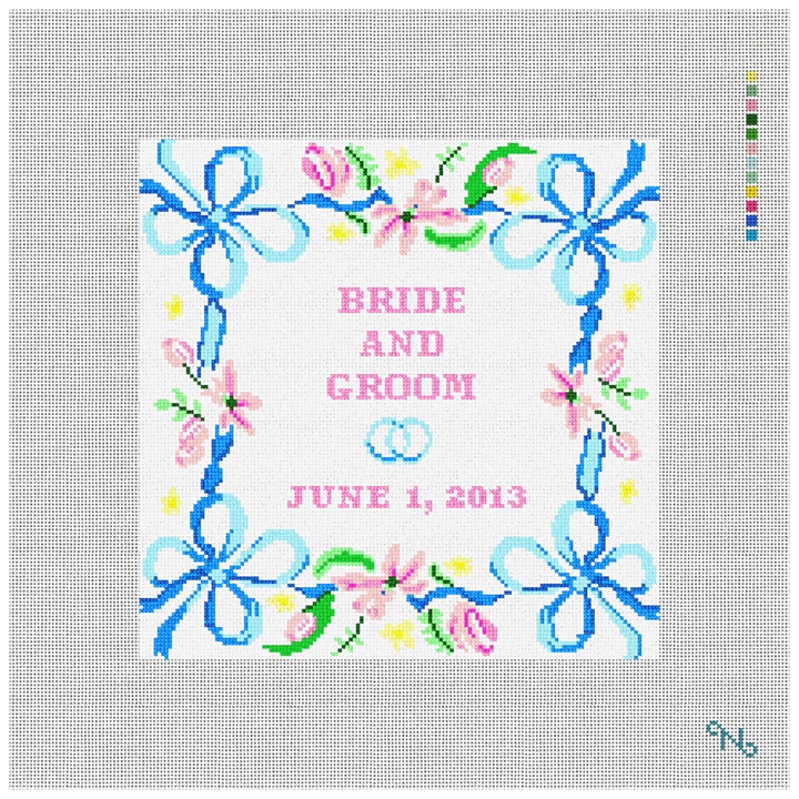 Spring Ribbon Needlepoint Wedding Pillow Kit Stitched Preview