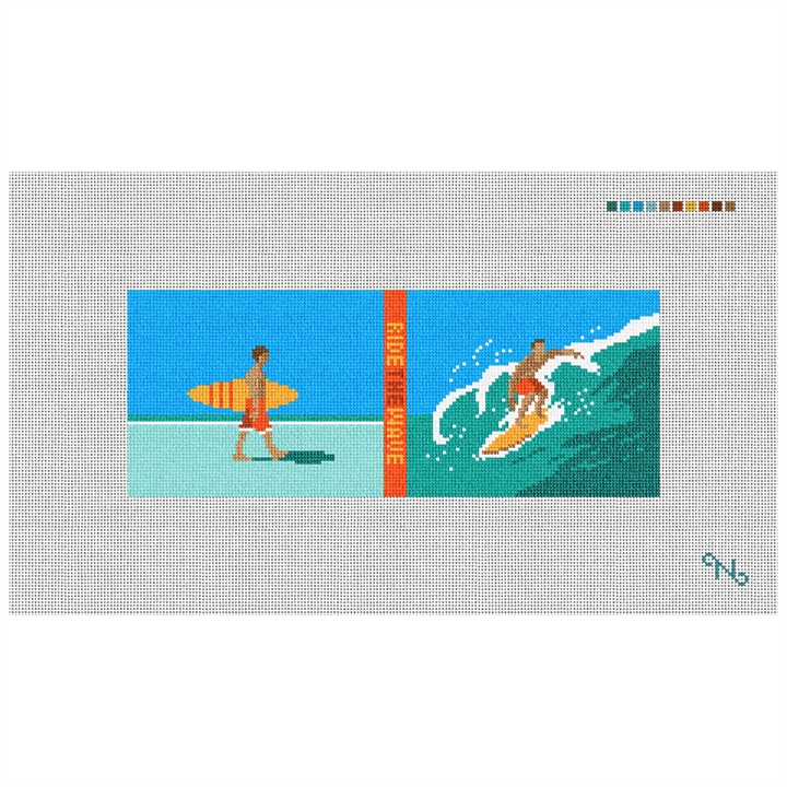 Surfing Needlepoint Wallet Kit Stitched Preview