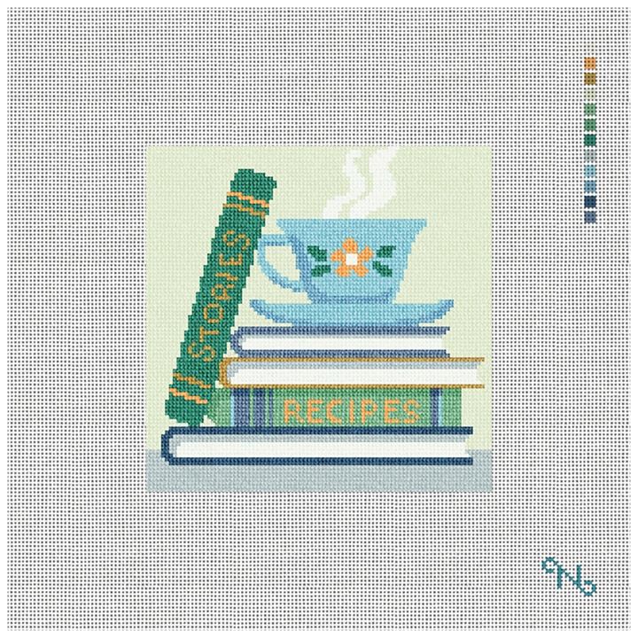 Teacup and Books Needlepoint Coaster Kit Stitched Preview