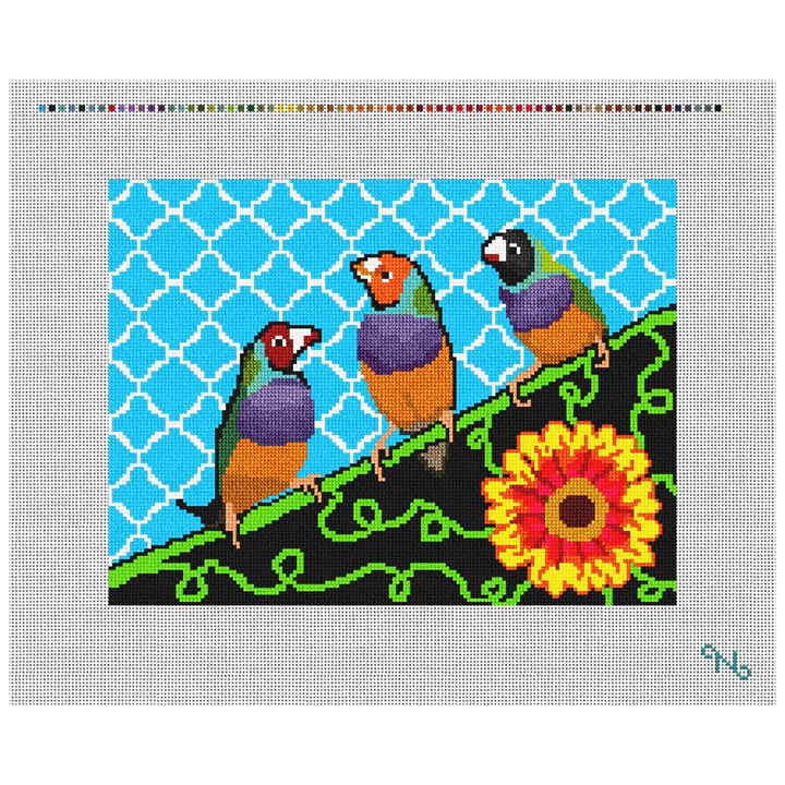 Three Birds Needlepoint Kit Stitched Preview