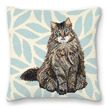 Timid Tabby Cat Needlepoint Pillow