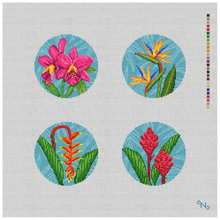 Tropical Flowers Needlepoint Coaster Ornament Kit Stitched Preview