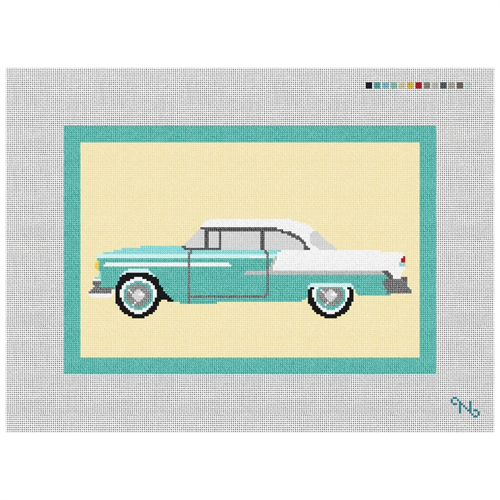 Vintage Car Retro Needlepoint Pillow Kit Stitched Preview