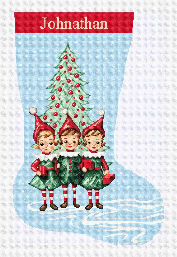 Vintage Pixie Elves Blue Stocking Needlepoint Kit