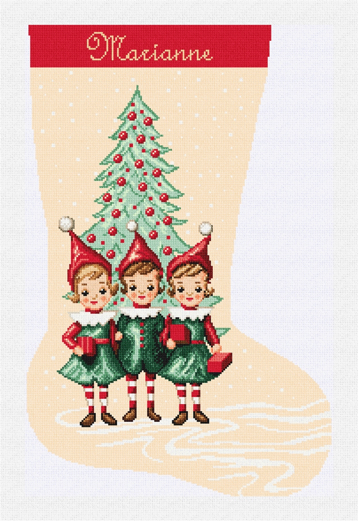 Vintage Pixie Elves Tan Stocking Needlepoint Kit