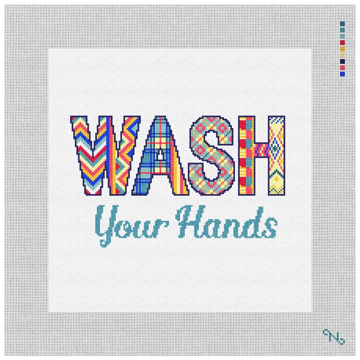 Wash Your Hands Needlepoint Pillow Kit Stitched Preview