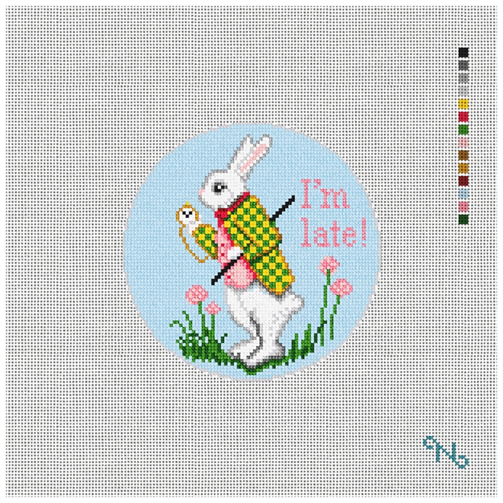 White Rabbit I'm Late Needlepoint Ornament Kit Stitched Preview