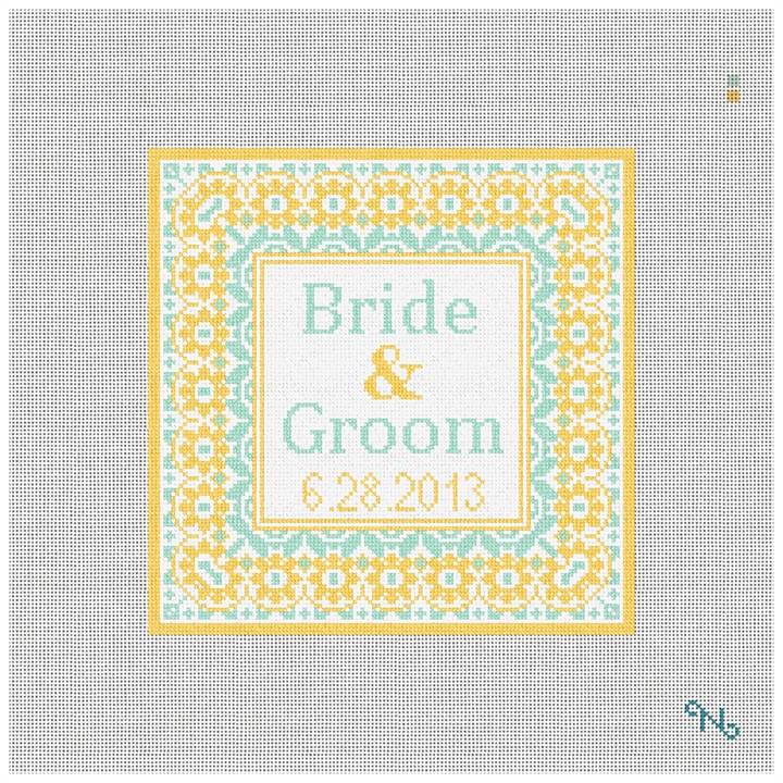 Yellow Taza Needlepoint Wedding Pillow Kit Stitched Preview