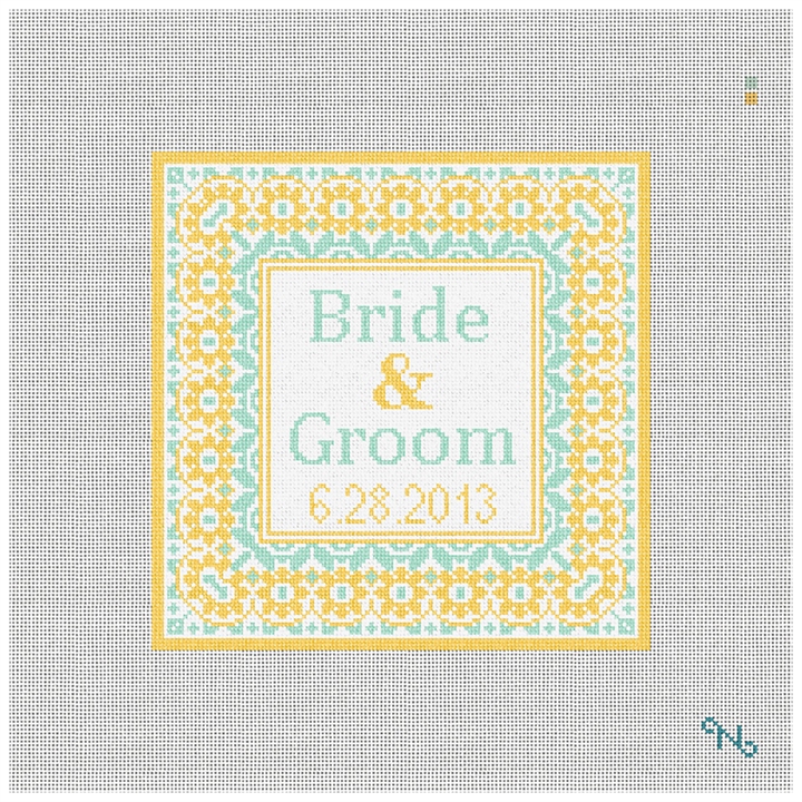 Yellow Taza Ring Bearer Pillow Needlepoint Kit Stitched Preview